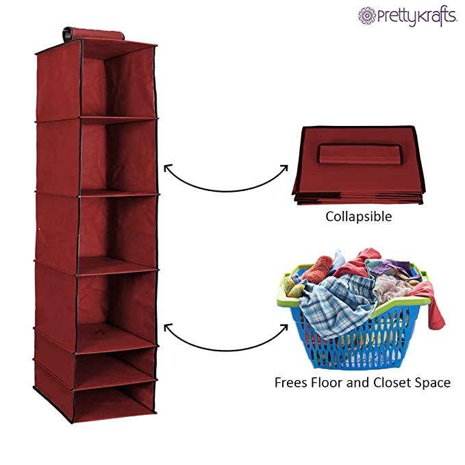 6-Shelf Foldable Hanging Wardrobe Organizer (Maroon)
