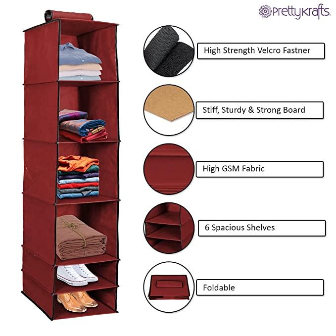 6-Shelf Foldable Hanging Wardrobe Organizer (Maroon)
