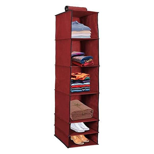 6-Shelf Foldable Hanging Wardrobe Organizer (Maroon)