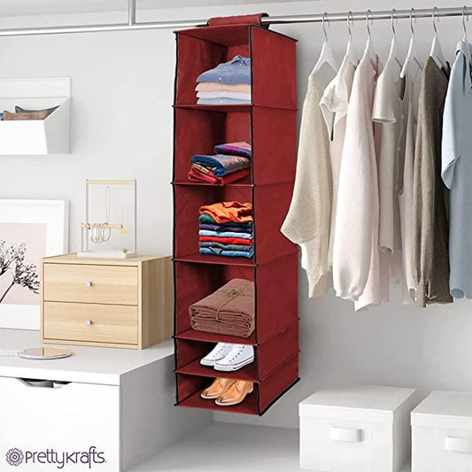 6-Shelf Foldable Hanging Wardrobe Organizer (Maroon)