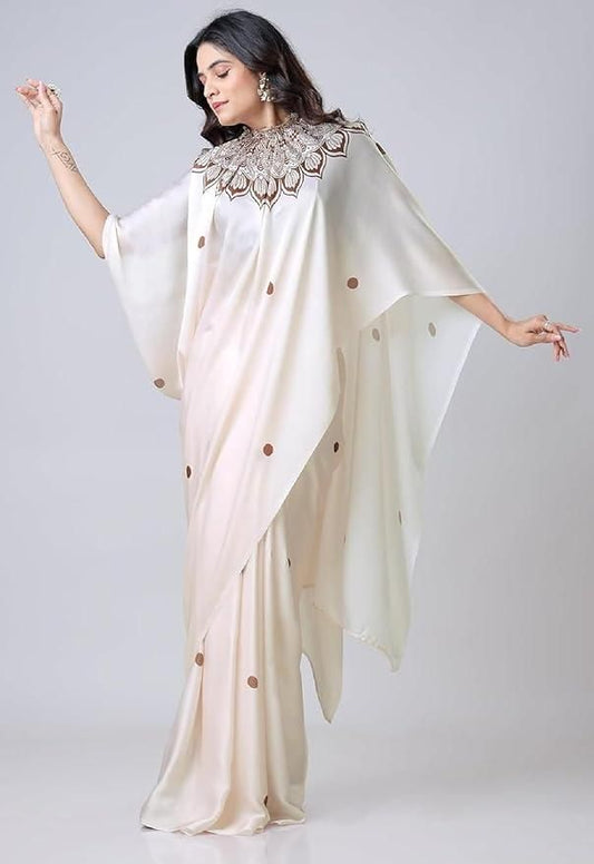 Satin Silk Printed Kaftan Saree – Elegant Comfort with Unstitched Blouse