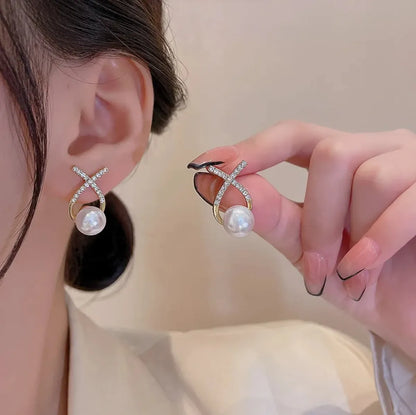 Korean Studded Cross Pearl Stud Earrings
