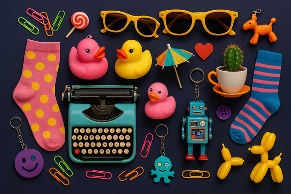 create a collage of quirky items with background color that supports white text