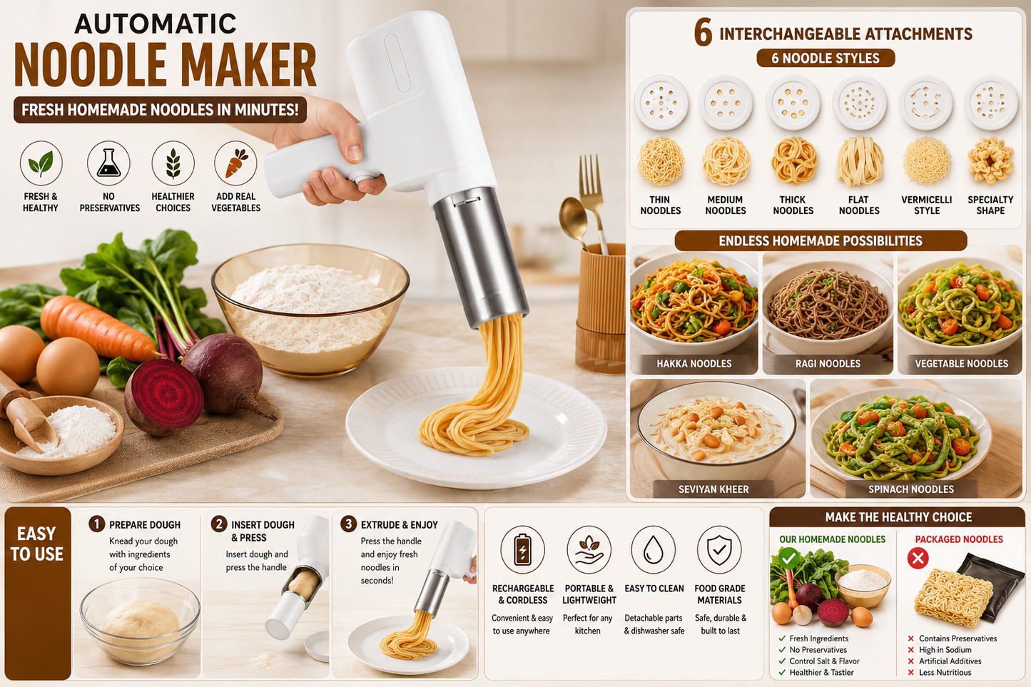 Cordless Noodle Maker Machine | 6 Attachments | Rechargeable Handheld Noodle Press